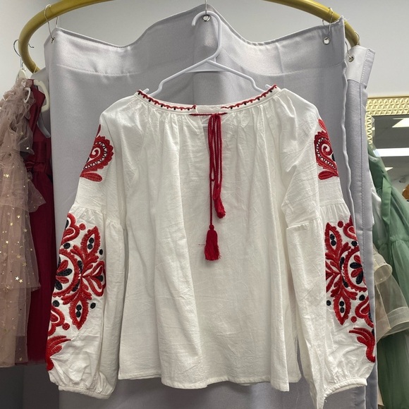 Tops - Embroidered White and Red Women's Top